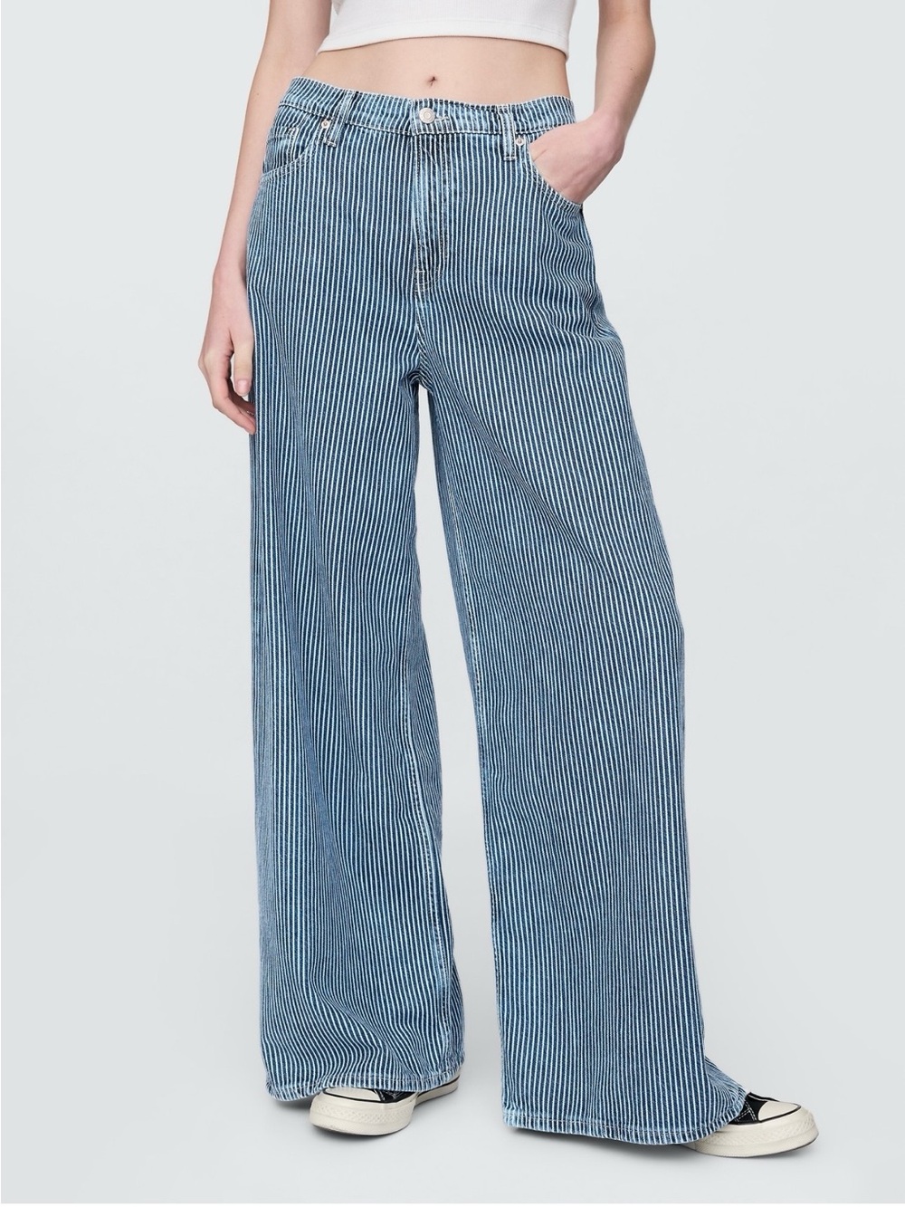 GAP Blue and White Vertical-Stripe Wide Leg Jeans